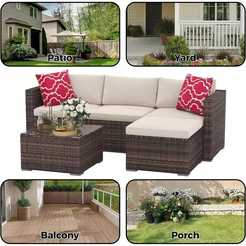 Acekool Outdoor Patio Furniture Set  All-Weather Wicker Sectional Sofa with Glass Coffee Table and Soft Removable Cushions