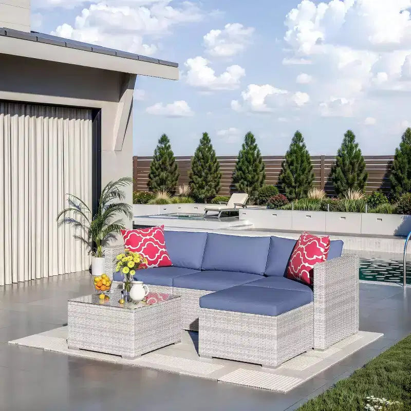 Acekool Outdoor Patio Furniture Set  All-Weather Wicker Sectional Sofa with Glass Coffee Table and Soft Removable Cushions
