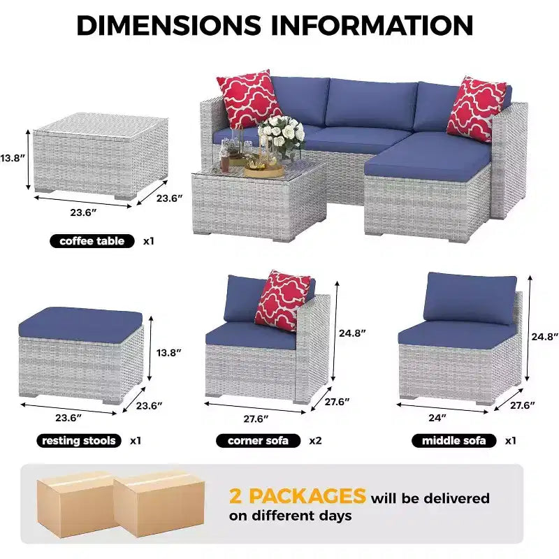 Acekool Outdoor Patio Furniture Set  All-Weather Wicker Sectional Sofa with Glass Coffee Table and Soft Removable Cushions