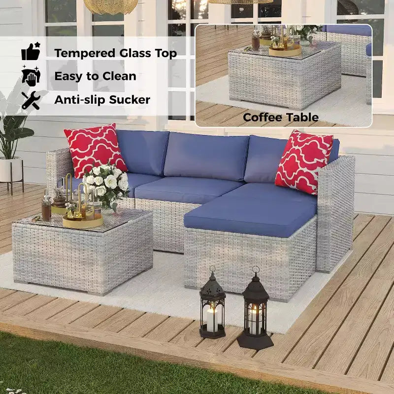 Acekool Outdoor Patio Furniture Set  All-Weather Wicker Sectional Sofa with Glass Coffee Table and Soft Removable Cushions