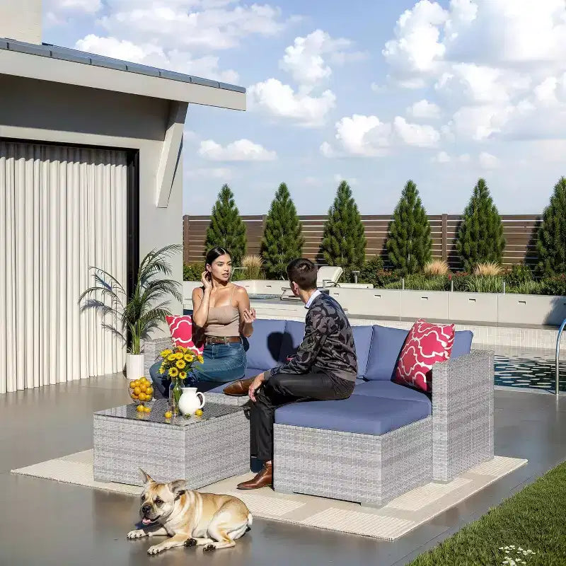 Acekool Outdoor Patio Furniture Set  All-Weather Wicker Sectional Sofa with Glass Coffee Table and Soft Removable Cushions