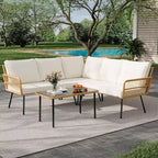 Acekool Outdoor Patio Furniture Set  All-Weather Wicker Sectional Sofa with Glass Coffee Table and Soft Removable Cushions