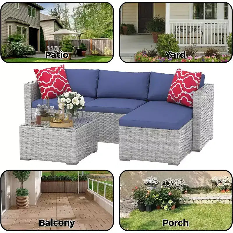 Acekool Outdoor Patio Furniture Set  All-Weather Wicker Sectional Sofa with Glass Coffee Table and Soft Removable Cushions