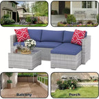Acekool Outdoor Patio Furniture Set  All-Weather Wicker Sectional Sofa with Glass Coffee Table and Soft Removable Cushions