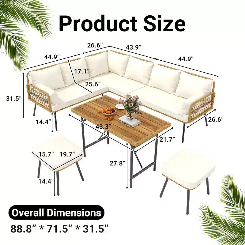 Acekool Outdoor Patio Furniture Set  All-Weather Wicker Sectional Sofa with Glass Coffee Table and Soft Removable Cushions