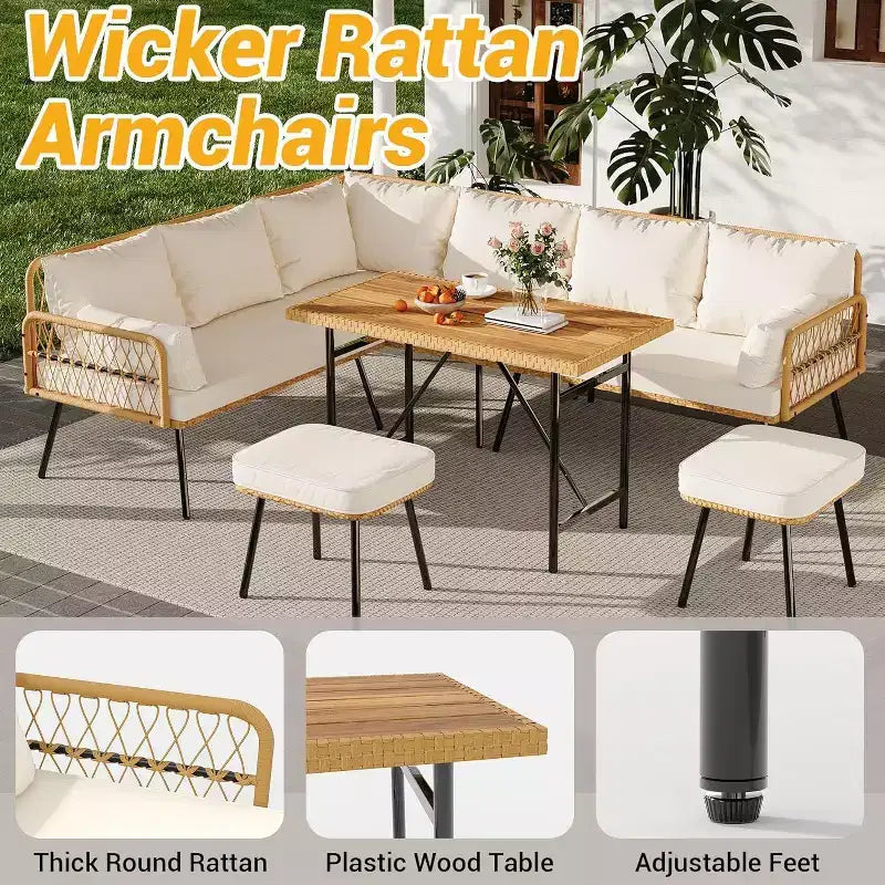 Acekool Outdoor Patio Furniture Set  All-Weather Wicker Sectional Sofa with Glass Coffee Table and Soft Removable Cushions