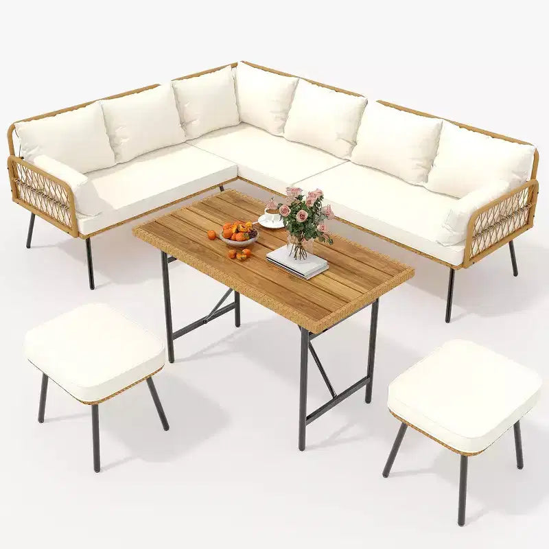 Acekool Outdoor Patio Furniture Set  All-Weather Wicker Sectional Sofa with Glass Coffee Table and Soft Removable Cushions