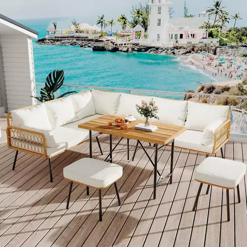 Acekool Outdoor Patio Furniture Set  All-Weather Wicker Sectional Sofa with Glass Coffee Table and Soft Removable Cushions