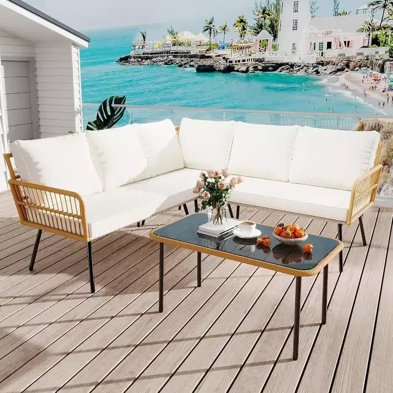 Acekool Outdoor Patio Furniture Set  All-Weather Wicker Sectional Sofa with Glass Coffee Table and Soft Removable Cushions