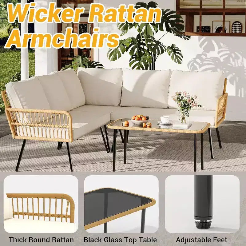 Acekool Outdoor Patio Furniture Set  All-Weather Wicker Sectional Sofa with Glass Coffee Table and Soft Removable Cushions