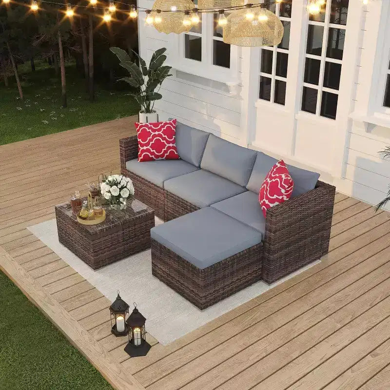 Acekool Outdoor Patio Furniture Set  All-Weather Wicker Sectional Sofa with Glass Coffee Table and Soft Removable Cushions