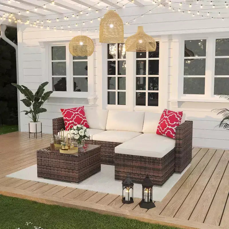Acekool Outdoor Patio Furniture Set  All-Weather Wicker Sectional Sofa with Glass Coffee Table and Soft Removable Cushions