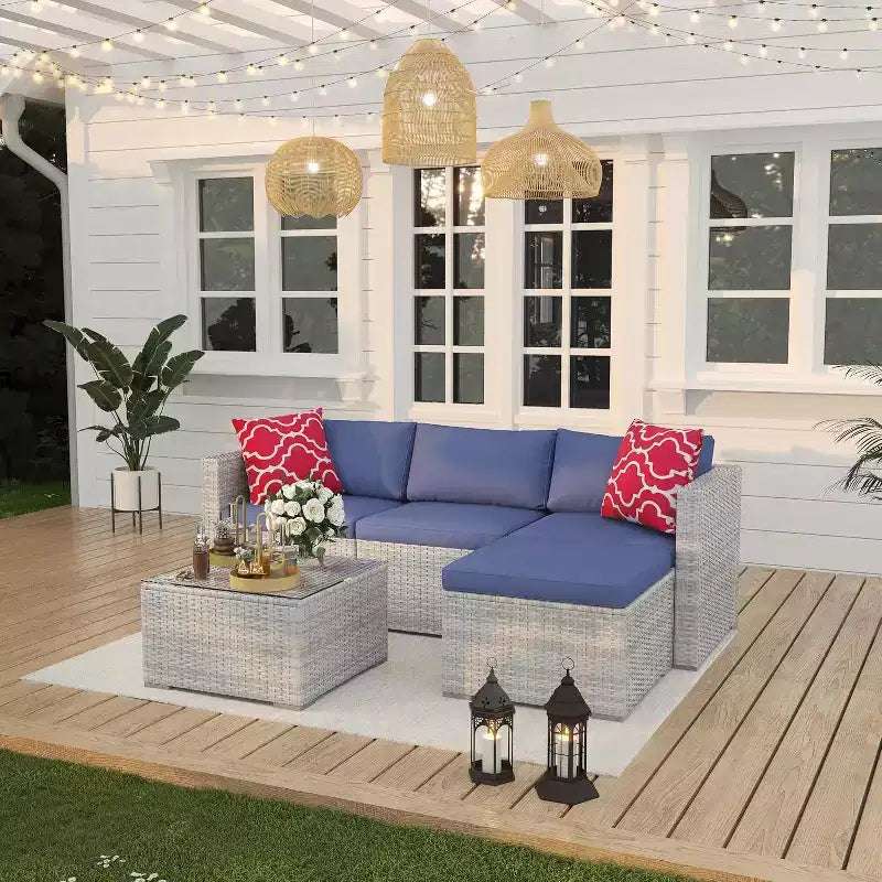 Acekool Outdoor Patio Furniture Set  All-Weather Wicker Sectional Sofa with Glass Coffee Table and Soft Removable Cushions