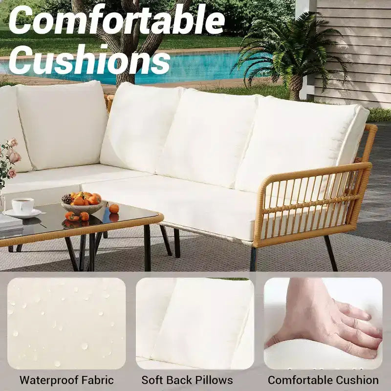 Acekool Outdoor Patio Furniture Set  All-Weather Wicker Sectional Sofa with Glass Coffee Table and Soft Removable Cushions