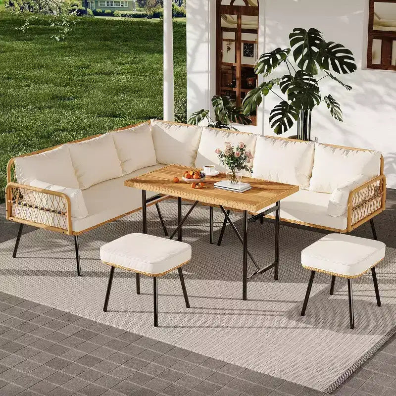 Acekool Outdoor Patio Furniture Set  All-Weather Wicker Sectional Sofa with Glass Coffee Table and Soft Removable Cushions
