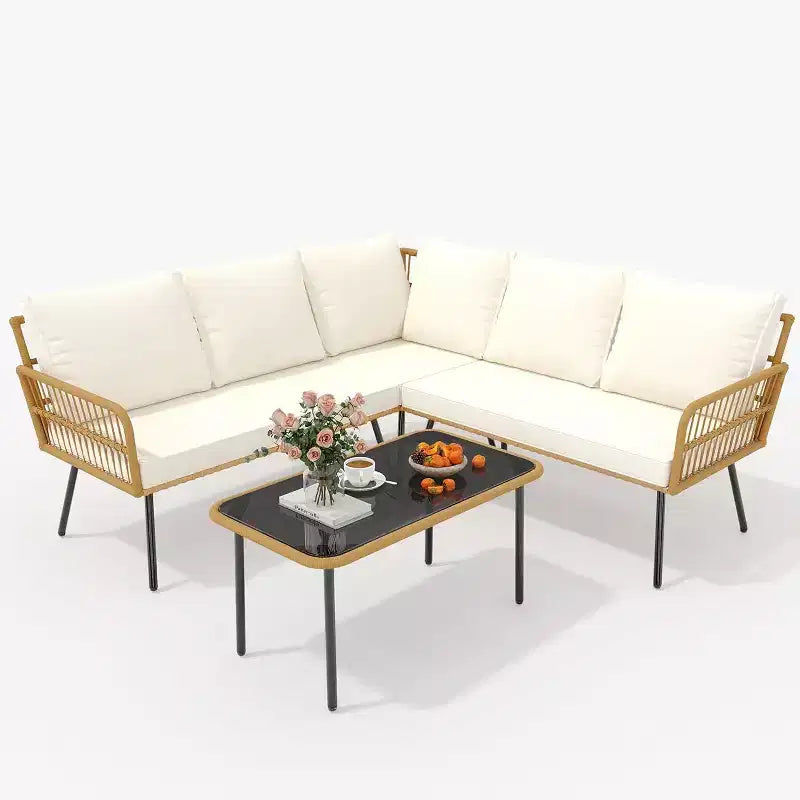 Acekool Outdoor Patio Furniture Set  All-Weather Wicker Sectional Sofa with Glass Coffee Table and Soft Removable Cushions