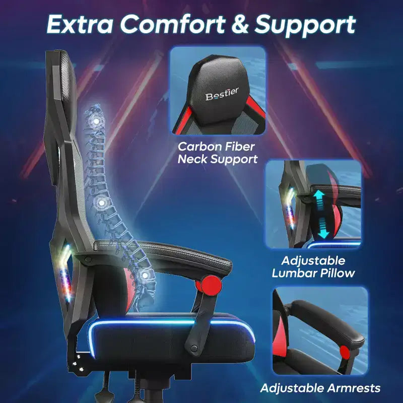 Bestier Breathable Fabric Gaming Chair with RGB LED Lighting and Adjustable Armrests