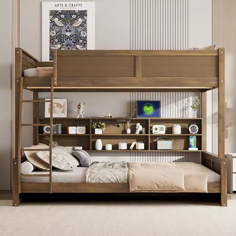 Twin XL/Full XL Over Queen Bunk Bed with Storage Cabinets and USB Ports, Sturdy Pine Wood Construction - ModernLuxe