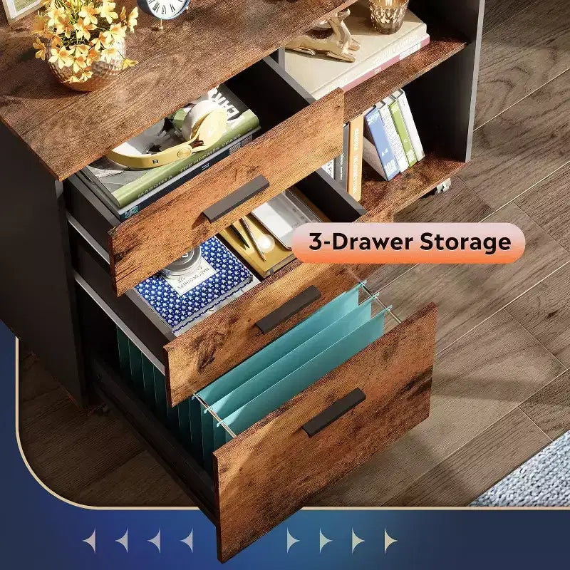 GALAXHERO 3-Drawer Mobile File Cabinet Wood Lateral Filing Cabinet with Open Shelves Printer Stand for Home Office Organization