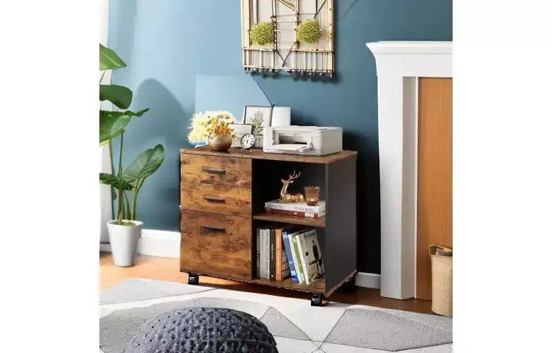 GALAXHERO 3-Drawer Mobile File Cabinet Wood Lateral Filing Cabinet with Open Shelves Printer Stand for Home Office Organization