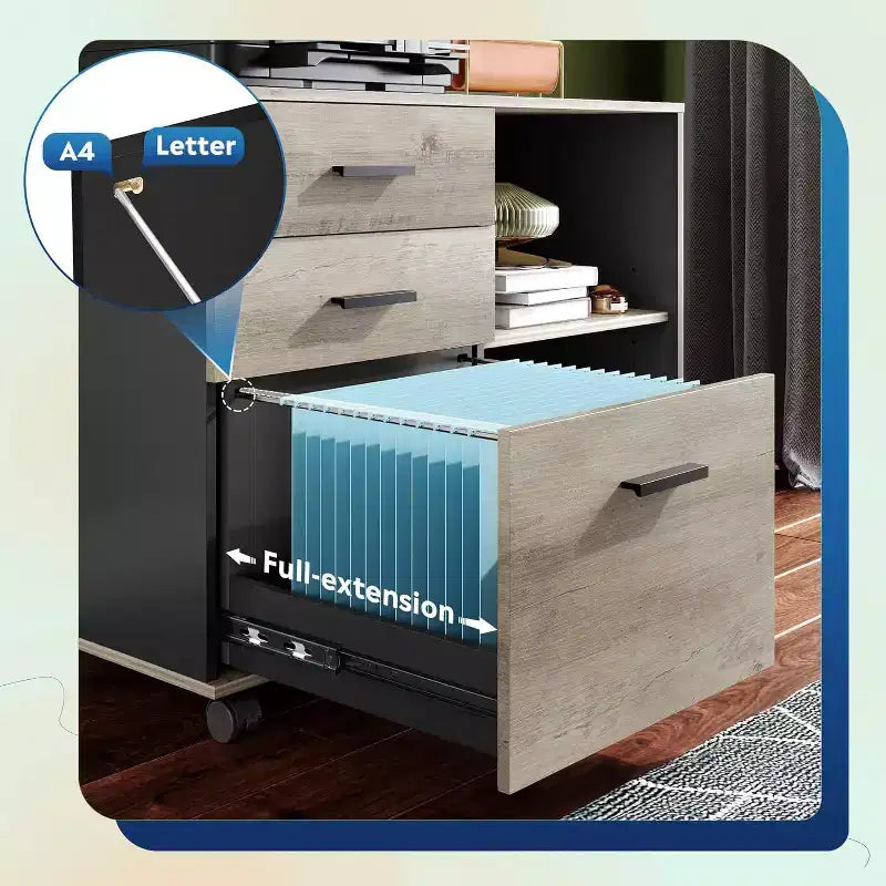 GALAXHERO 3-Drawer Mobile File Cabinet Wood Lateral Filing Cabinet with Open Shelves Printer Stand for Home Office Organization