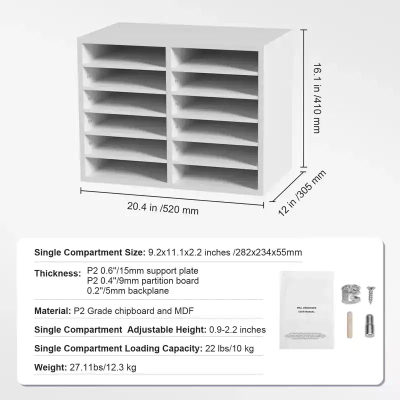VEVOR Literature Organizers, 12 Compartments Office Mailbox with Adjustable Shelves, Wood Literature Sorter 20.4x12x16.1 inches, EPA Certified
