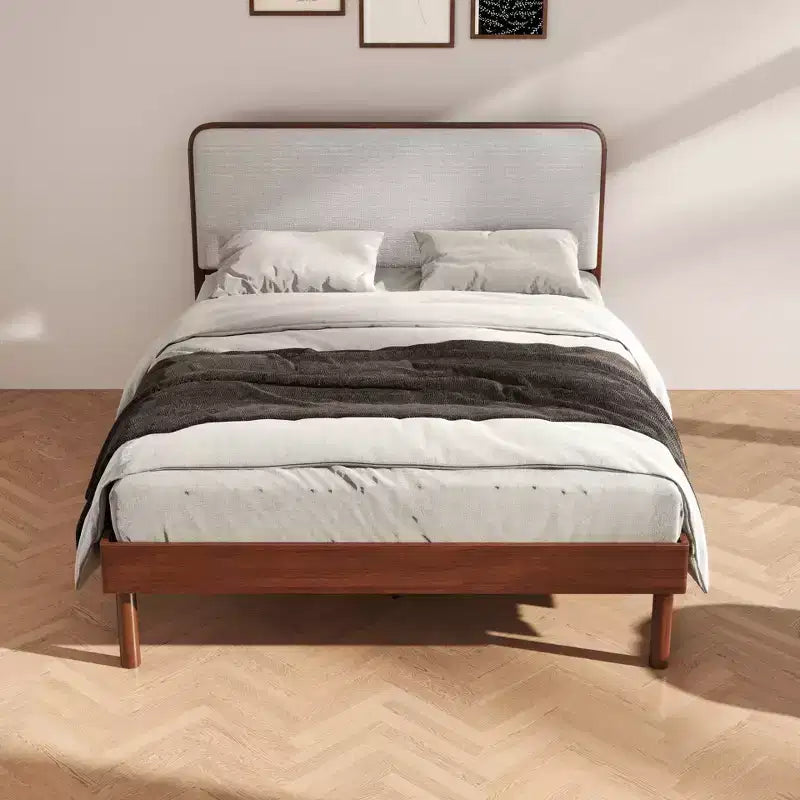 Roundhill Furniture Wyller Rubberwood Platform Bed, Natural Walnut Finish, Queen