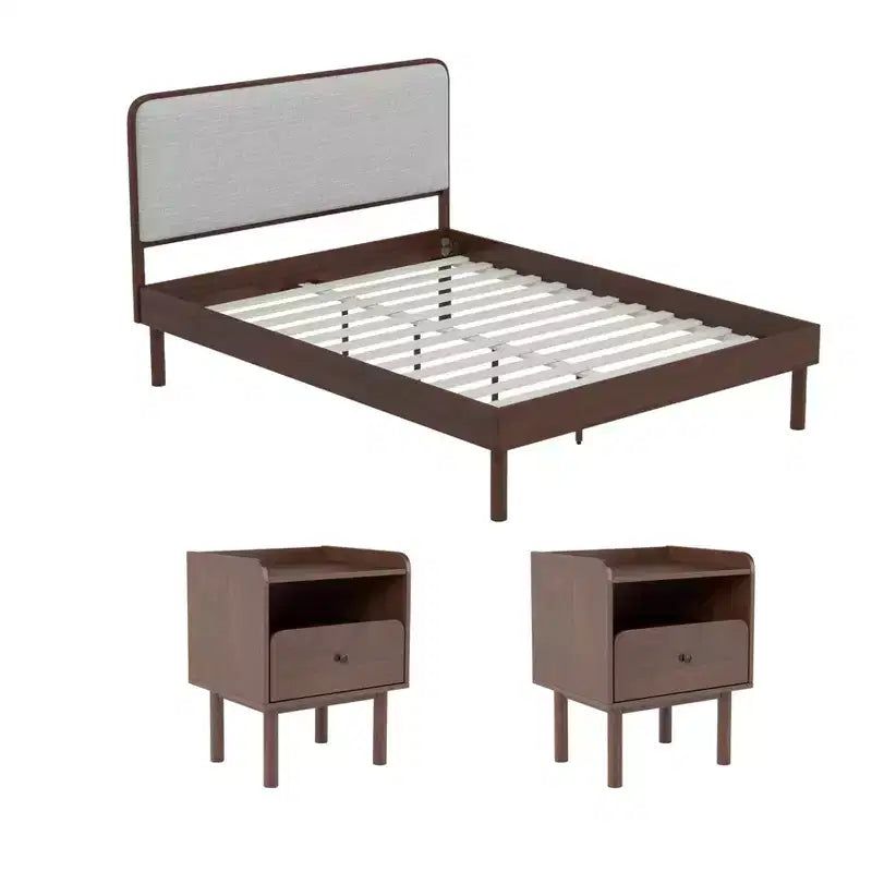 Roundhill Furniture Wyller 3-Piece Bedroom Set, Platform Bed with Two Nightstands, Natural Walnut, Queen
