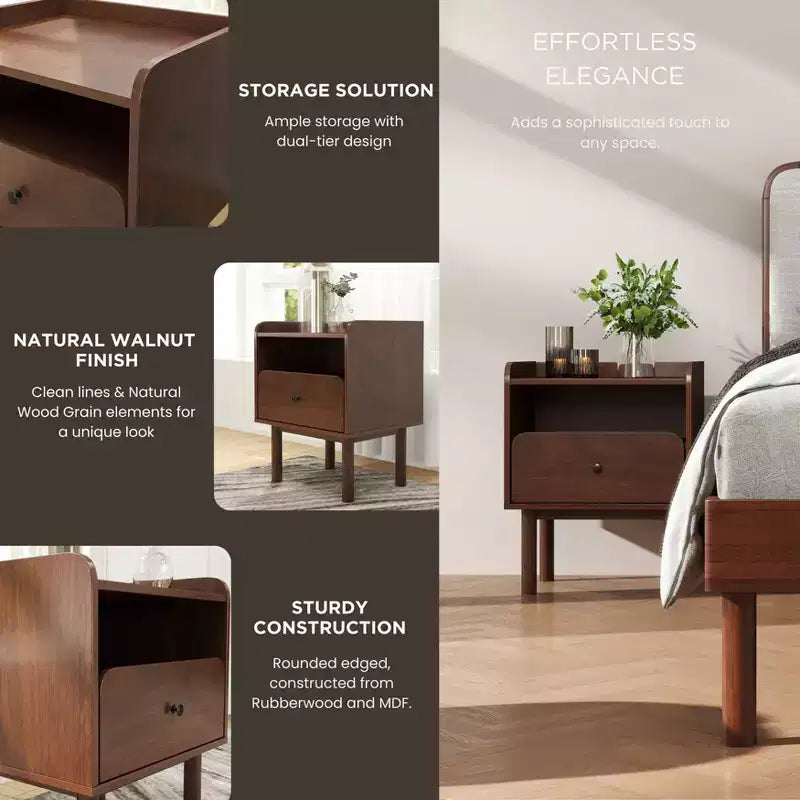 Roundhill Furniture Wyller 3-Piece Bedroom Set, Platform Bed with Two Nightstands, Natural Walnut, Queen