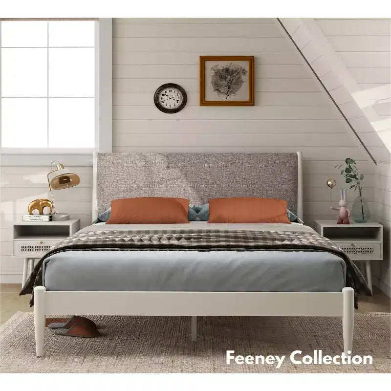 Roundhill Furniture Feeney 2-Piece Bedroom Set, Platform Bed with Nightstand, Cream White, Queen