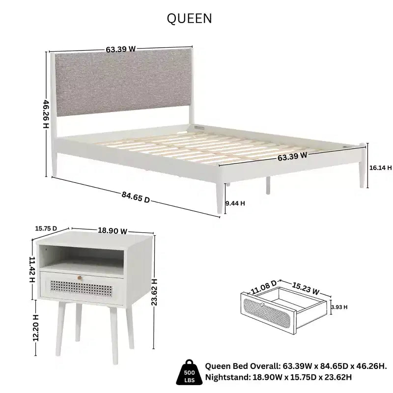 Roundhill Furniture Feeney 2-Piece Bedroom Set, Platform Bed with Nightstand, Cream White, Queen