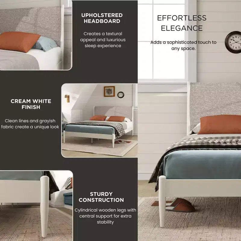 Roundhill Furniture Feeney 2-Piece Bedroom Set, Platform Bed with Nightstand, Cream White, Queen
