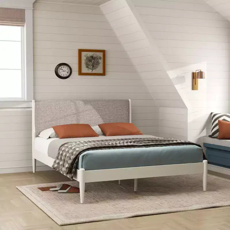 Roundhill Furniture Feeney 2-Piece Bedroom Set, Platform Bed with Nightstand, Cream White, Queen