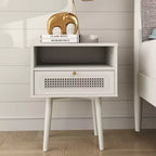 Roundhill Furniture Feeney 2-Piece Bedroom Set, Platform Bed with Nightstand, Cream White, Queen
