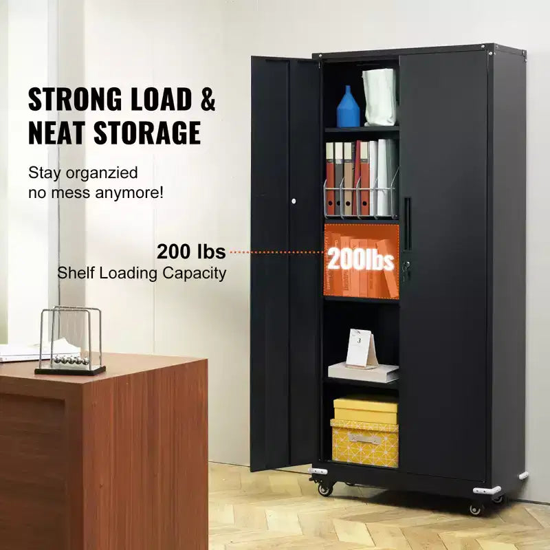 VEVOR Metal Storage Cabinet with Wheels, 75 in Locking Cabinet with 4 Adjustable Shelves & 2 Magnetic Doors, 200 lbs Capacity per Shelf, Black