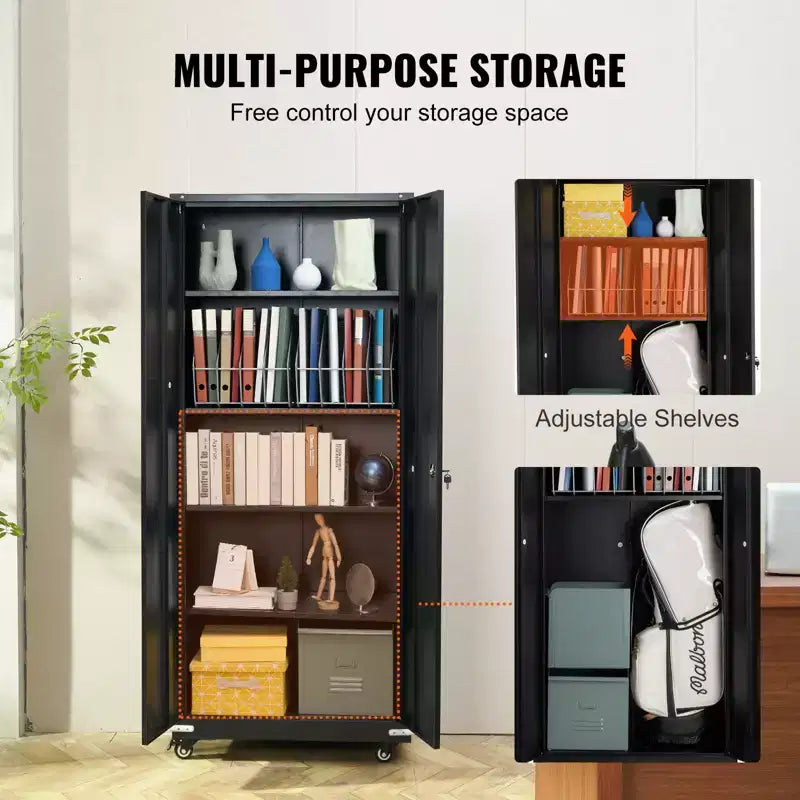 VEVOR Metal Storage Cabinet with Wheels, 75 in Locking Cabinet with 4 Adjustable Shelves & 2 Magnetic Doors, 200 lbs Capacity per Shelf, Black