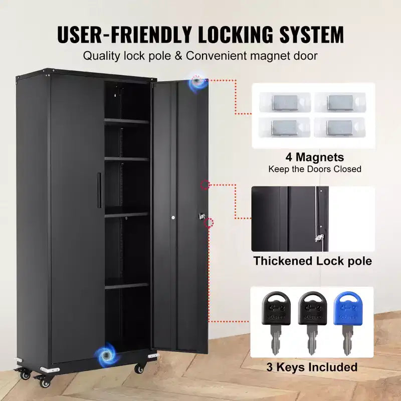 VEVOR Metal Storage Cabinet with Wheels, 75 in Locking Cabinet with 4 Adjustable Shelves & 2 Magnetic Doors, 200 lbs Capacity per Shelf, Black