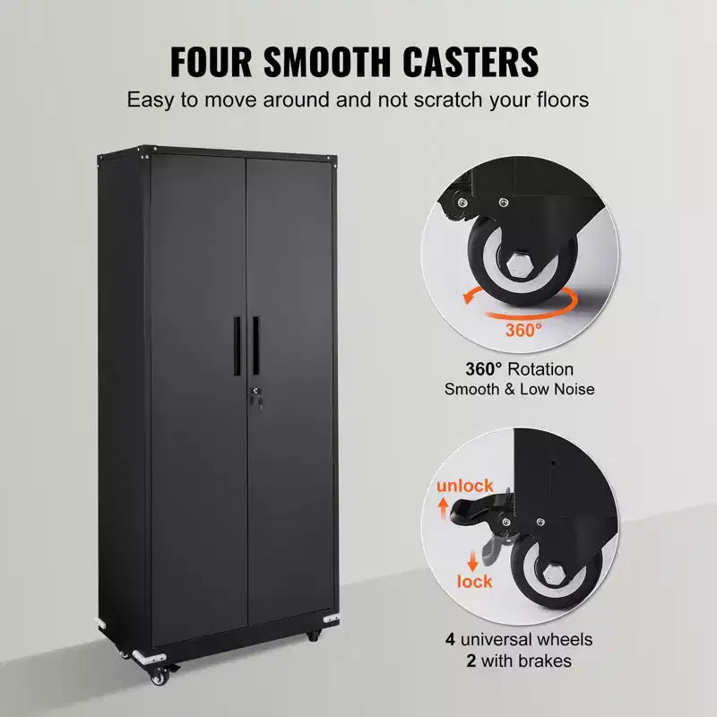 VEVOR Metal Storage Cabinet with Wheels, 75 in Locking Cabinet with 4 Adjustable Shelves & 2 Magnetic Doors, 200 lbs Capacity per Shelf, Black