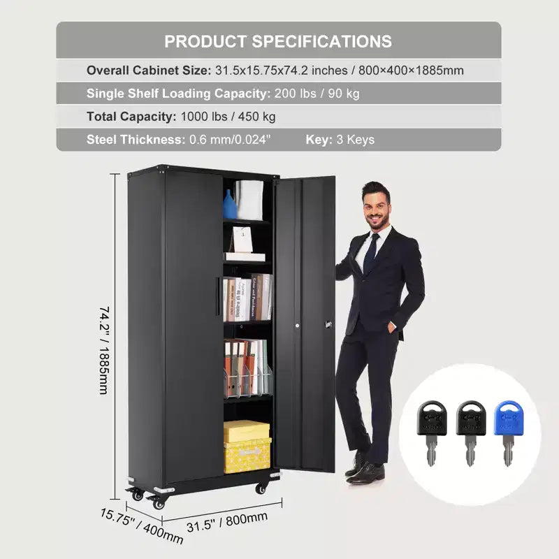 VEVOR Metal Storage Cabinet with Wheels, 75 in Locking Cabinet with 4 Adjustable Shelves & 2 Magnetic Doors, 200 lbs Capacity per Shelf, Black