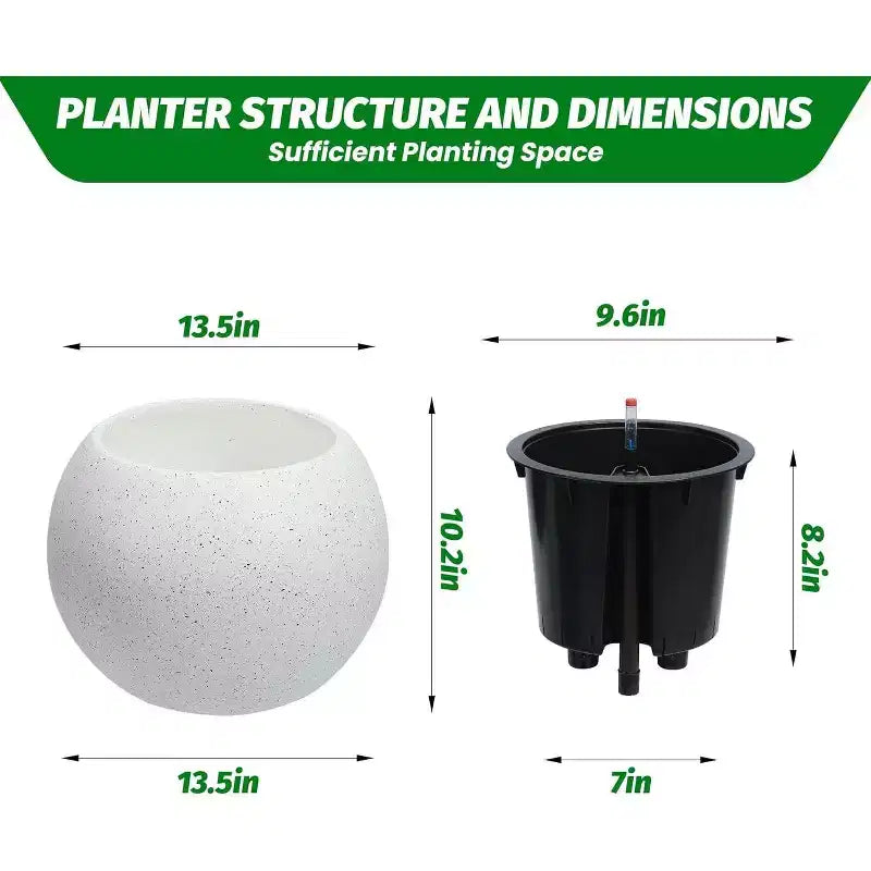 10.2 H x 13.5 Dia (10 Opening) Round Self-Watering Indoor Plant Pots with Drainage & Water Level Monitor, White Dot Design