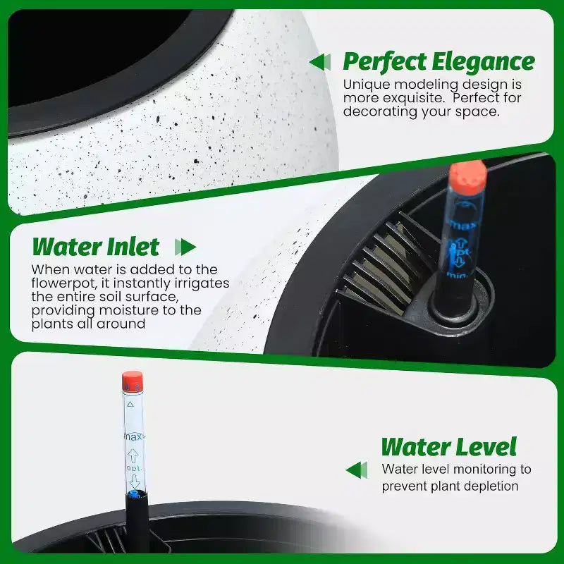 10.2 H x 13.5 Dia (10 Opening) Round Self-Watering Indoor Plant Pots with Drainage & Water Level Monitor, White Dot Design