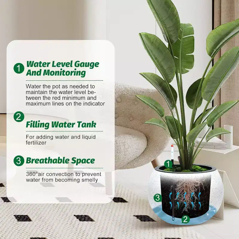 10.2 H x 13.5 Dia (10 Opening) Round Self-Watering Indoor Plant Pots with Drainage & Water Level Monitor, White Dot Design