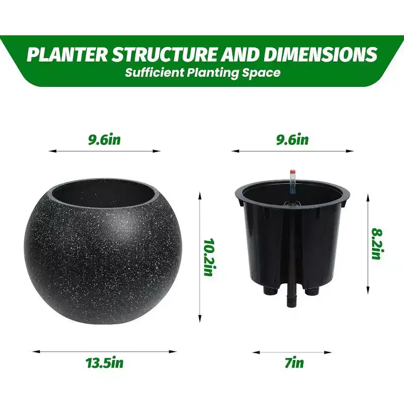 10.2 H x 13.5 Dia (10 Opening) Round Self-Watering Indoor Plant Pots with Drainage & Water Level Monitor, White Dot Design