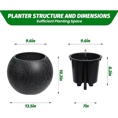 10.2 H x 13.5 Dia (10 Opening) Round Self-Watering Indoor Plant Pots with Drainage & Water Level Monitor, White Dot Design