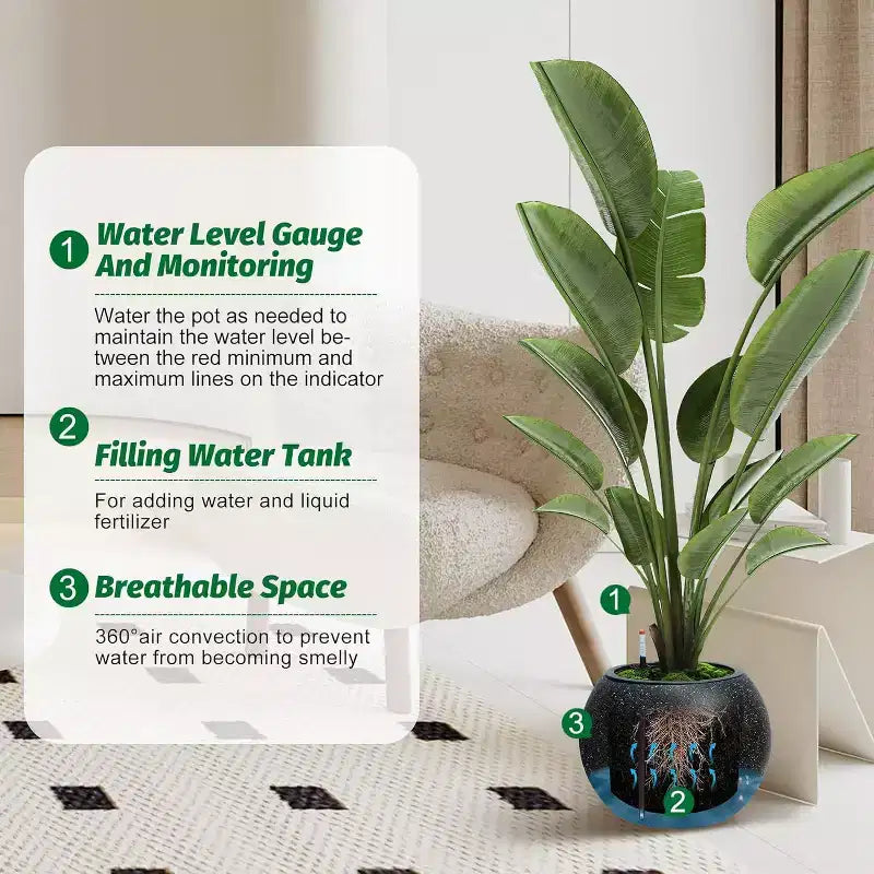10.2 H x 13.5 Dia (10 Opening) Round Self-Watering Indoor Plant Pots with Drainage & Water Level Monitor, White Dot Design