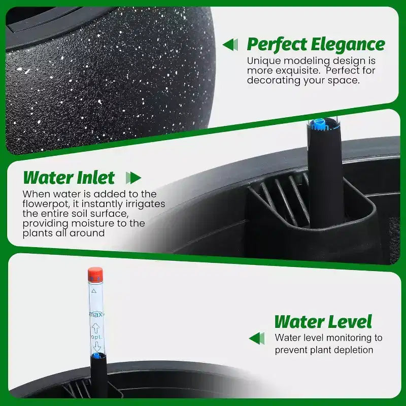 10.2 H x 13.5 Dia (10 Opening) Round Self-Watering Indoor Plant Pots with Drainage & Water Level Monitor, White Dot Design