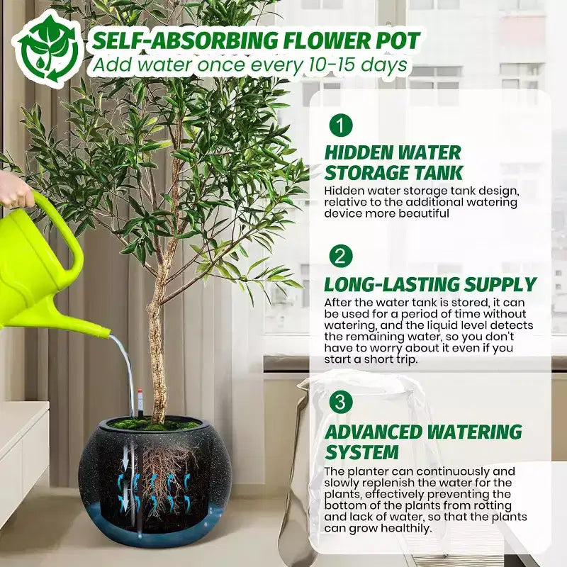 10.2 H x 13.5 Dia (10 Opening) Round Self-Watering Indoor Plant Pots with Drainage & Water Level Monitor, White Dot Design