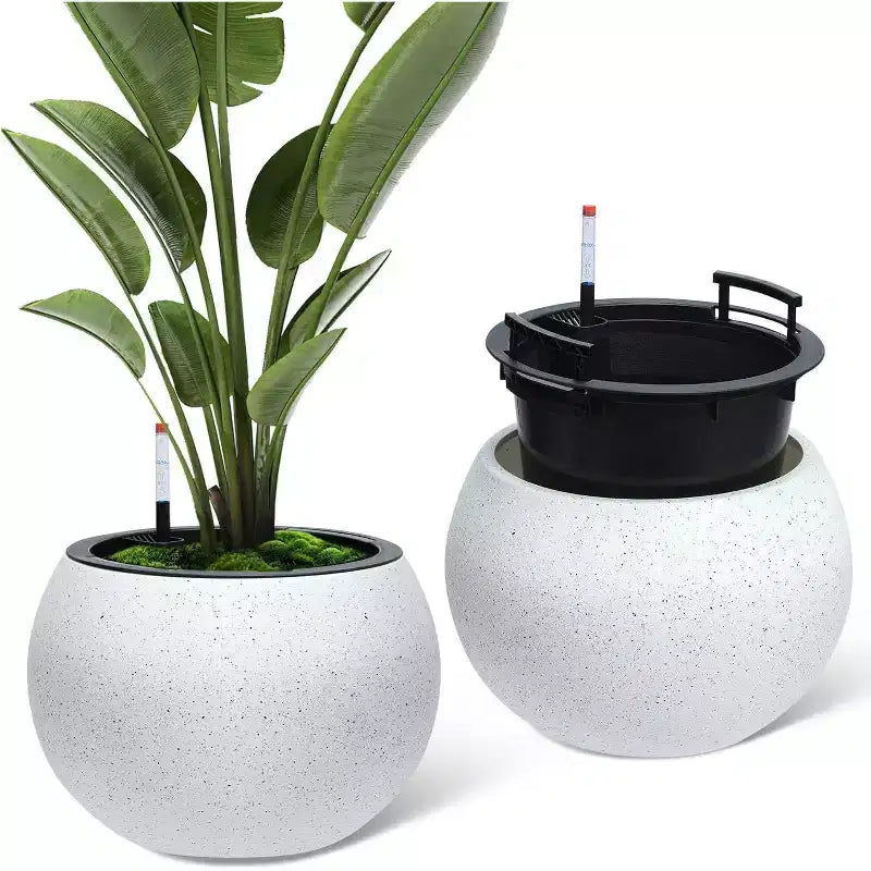10.2 H x 13.5 Dia (10 Opening) Round Self-Watering Indoor Plant Pots with Drainage & Water Level Monitor, White Dot Design