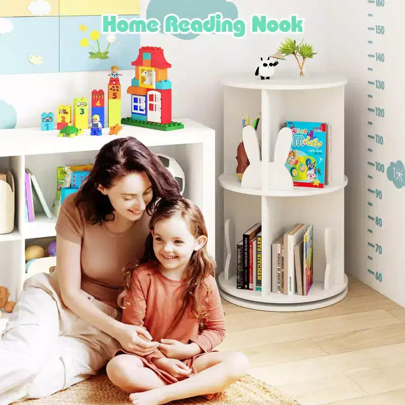 Costway Kids Rotating Bookshelf 2 Tier Freestanding 360 Revolving Display Storage Rack White/Pink