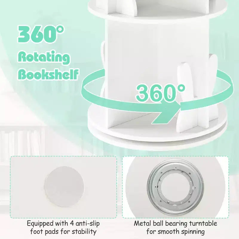 Costway Kids Rotating Bookshelf 2 Tier Freestanding 360 Revolving Display Storage Rack White/Pink